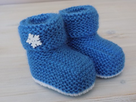 Bačkůrky 9,5 - 10 cm dárek děti zima modrá podzim bílá pletené ozdoba miminko ponožky kluk bačkůrky vločka chlapeček polyakryl nožka 