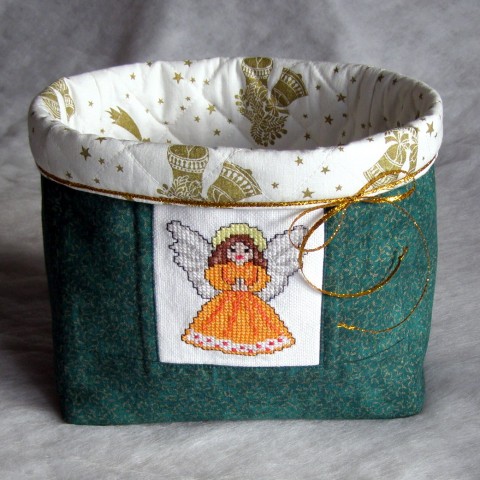 Andělský textilní košík zelená vánoce zlatá velký košík praktický anděl vyšívaný textilní látkový 