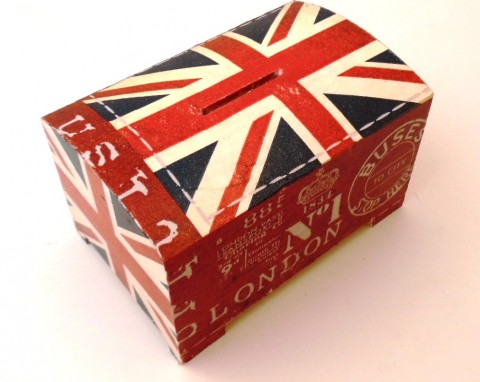 kasička LONDON dřevo děti krabička decoupage pokladnička kasička grunterka peníze london 