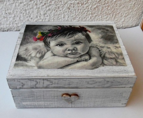 krabička andílková krabička decoupage šedá dítě mimino patina anděl ubrousek grunterka 