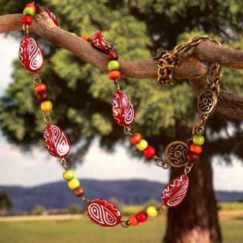Keramický náhrdelník - barevné léto dřevo náhrdelník keramika letní přírodní etno podzimní pestrobarevný hippie indiánské léto z keramiky ze dřeva z keramických korálků z dřevěných korálků 