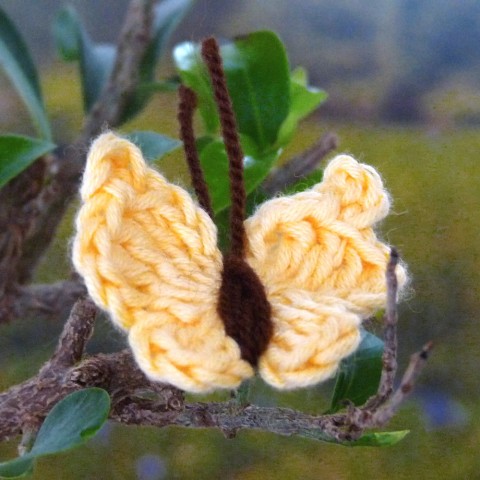 Háčkovaný motýlek - žluťásek dekorace motýl jarní bavlna háčkovaný háčkování louka žlutá jaro motýlek ozdoba medová aplikace bavlněný nášivka svěžest k zdobení 