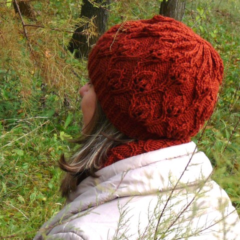 Set čepice a tunelu - listový vzor podzim čepice jarní pletený pletení sada hnědá jaro souprava podzimní vzor handmade set tunel hnědočervená 