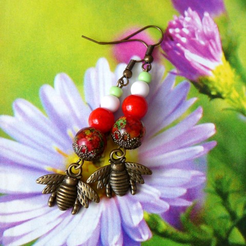 Náušnice - včelky červená náušnice dívčí veselé visací dlouhé bronzová originál nápadné včela včelka bronz handmade včelky včely včeličky 