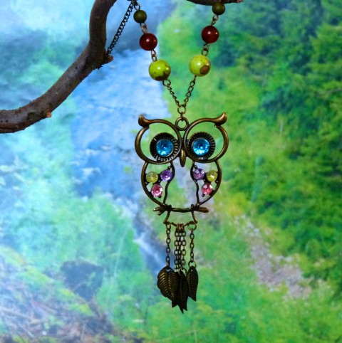 Náhrdelník - sova s modrýma očima náhrdelník vintage sova sovička lesní originál dlouhý les bronz bronzový handmade řetízkový sýček třipivý 