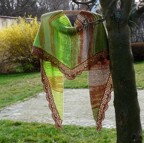 Pletený šátek - jarní zelenání hnědý originální zelený jarní bavlna pletený šáteček univerzální šátek podzimní bavlněný handmade 