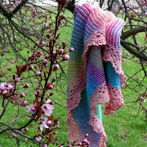 Pletený šátek - růžový vánek originální jarní pletený nebe růžový veselý šátek podzimní originál romantický vánek stylový snění snový sakury 