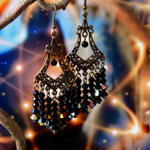 Náušnice - královna noci náušnice elegantní vintage černé romantické dlouhé odlesky tajemné handmade víceřadé broušené korálky blýskavé měňavé 