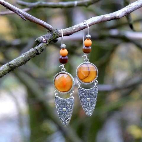 Náušnice - do destičky vyryto náušnice visací dlouhé originál nápadné kabošon delší oranžové zářivé handmade neokoukané 