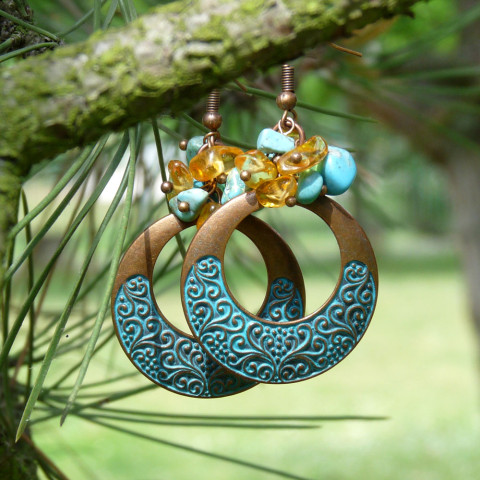 Náušnice - ornamenty (jantar,tyrken originální náušnice vintage patina zlomky kruhy kruhové etno originál jantar starobylé minerály ornamenty tepané tyrkenit měděné handmade ryté etnické jantarové 