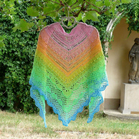 Háčkovaný šátek - duhový chrám originální velký háčkovaný duhový barevný šátek duha originál bavlněný pastelový handmade stylový exkluzivní nadčasový vícebarevný velikánky 