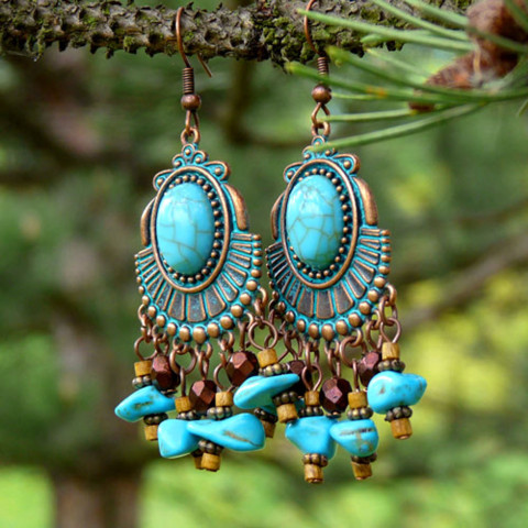 Náušnice - po stopách Inků náušnice vintage léto extravagantní zlomky etno originál starobylé kabošon minerály tyrkenit handmade nepřehlédnutelné indiánské ryté bohaté etnické atraktivní azték inka aztékové inkové šaman etho 