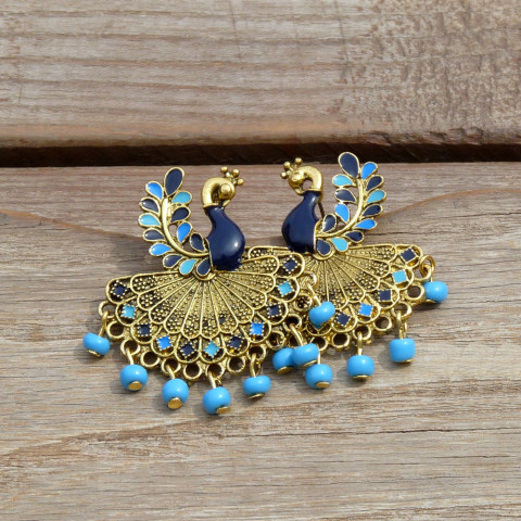 Náušnice - paví naparování náušnice modrá zlatá extravagantní rokajl zoo originál nápadné velké větší paví páv handmade nepřehlédnutelné pávi pávice napichovací 