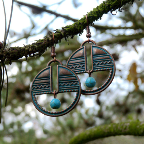 Náušnice - půlené kolečko kruh náušnice přírodní kolečko extravagantní patina kolo egypt cestování nápadné velké minerály tyrkenit handmade ryté indiánské léto originálni vykopávky 