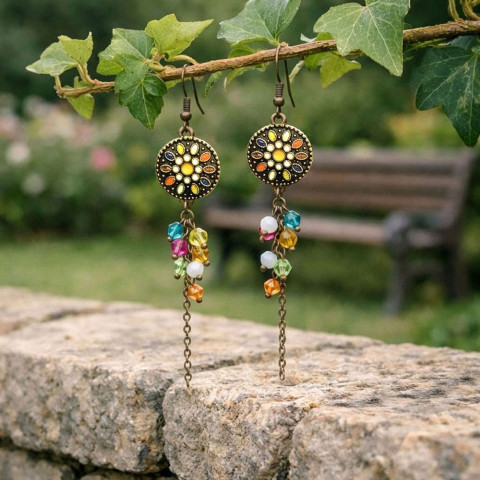 Náušnice s broušenými korálky náušnice dívčí přírodní dlouhé mozaika mandala handmade řetízkové broušené korálky atraktivní mandaly neposedné rozpustilé mozaikové mandalové dlouhatánské 