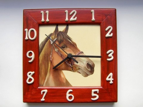 Hodiny - Kůň hnědý dekorace kůň koník hodiny decoupage hnědé ubrousek koněm koně závěsné rámeček nástěnné hnědém 