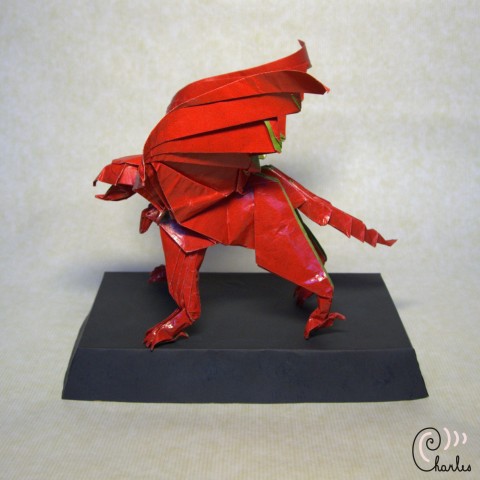 Rudý netvor z bažin origami oheň socha drak pohádka dragon gryf 
