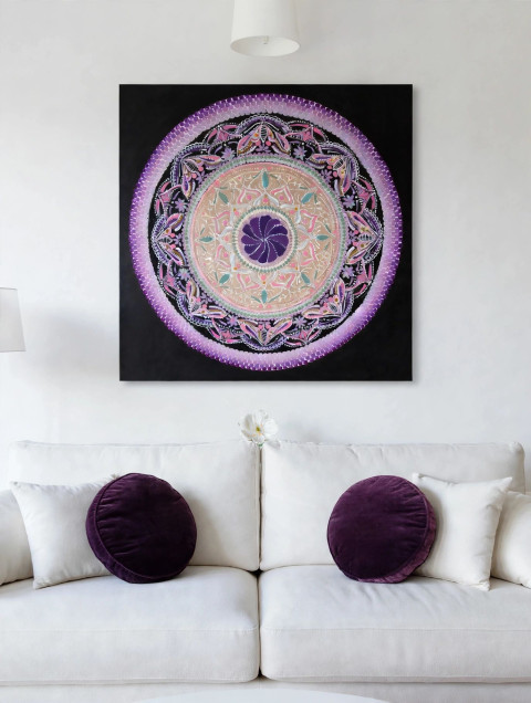 Fialový potrál  intuice růžová levandulová meditace originál mandala umění handmade ruční práce bytový doplněk harmonie duchovní obraz intuice dekorace na zeď dárek pro ženu feng shui tečkovaná mandala dot painting obraz na plátno fialová mandala třpytivá mandala česká tvorba 