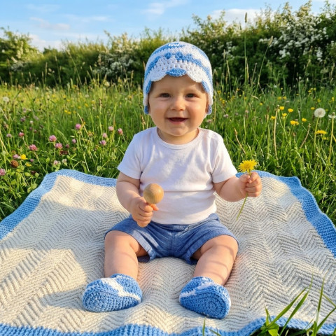 Jarní čepička + botičky děti modrá jarní čepička letní bavlna bílá klučičí miminko souprava háčkované melír lehká botičky handmade pro kluky 