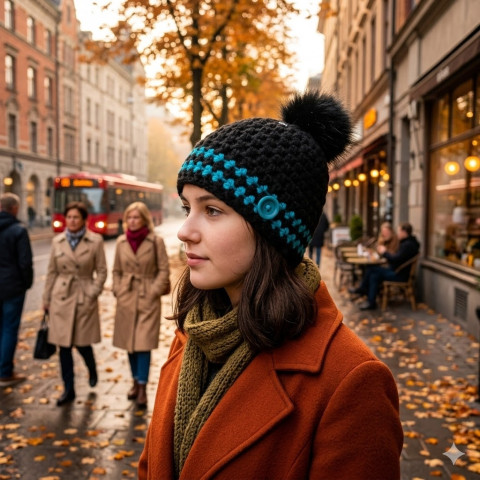 Čepice černá/modrá kulich zima modrá čepice háčkovaná dívčí ženy černá dámská bambule teens 