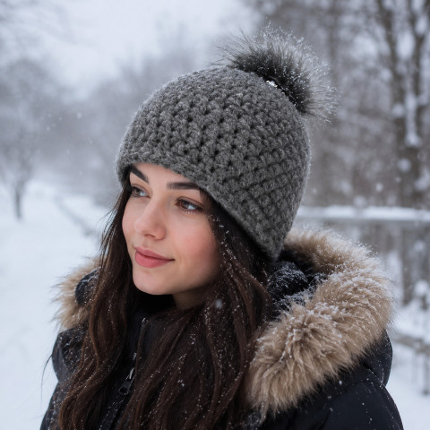Čepka tmavěšedá zima čepice dívčí šedá dámská zimní háčkované aplikace teplá bambule handmade hřejivá hučka crochet pro ženy tmavěšedá pompom beanie 