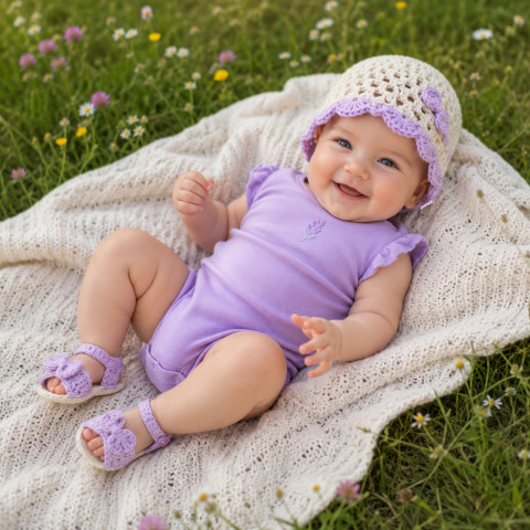Letní setík děti růžová čepička holčička holčičí letní bavlna miminko souprava béžová léto háčkované vzdušné smetanová fialková botičky handmade set lehoučké capáčky sandálky 