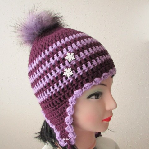 Zimní čepice, ušanka zima fialová čepice háčkovaná dámská zimní teplá fialková ušanka handmade hřejivá pro ženy 