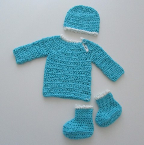 Čepička + svetřík + botičky děti čepička bílá klučičí svetr miminko souprava tyrkysová háčkované kluk svetřík kabátek botičky unisex celoroční handmade set capáčky novorozenec newborn pro klukyí 