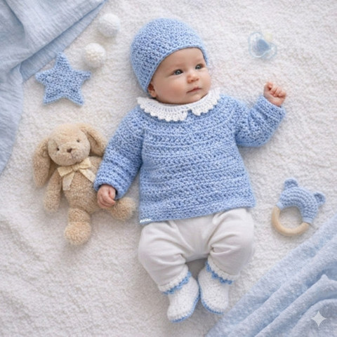 Čepička + svetřík + botičky děti modrá čepice čepička bílá klučičí svetr miminko souprava háčkované kluk svetřík kabátek světlemodrá botičky soupravička celoroční handmade capáčky novorozenec pro kluky newborn 