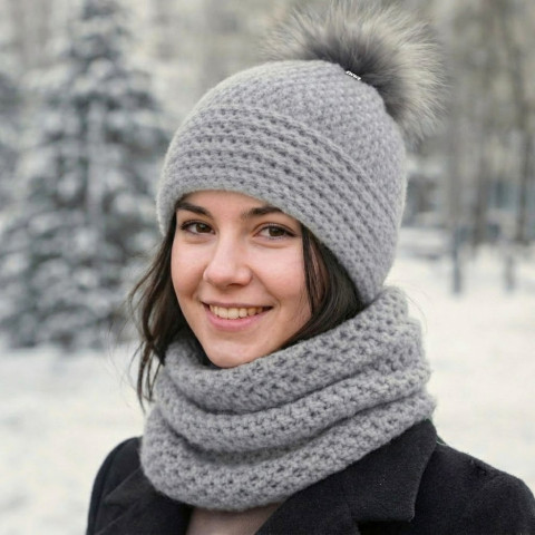 Čepice + nákrčník zima čepice šála šedá souprava zimní háčkované akryl vlna hřejivé nákrčník čepka bambule set lehoučké elastan na krk crochet kouřová shawl winter pompom beanie 