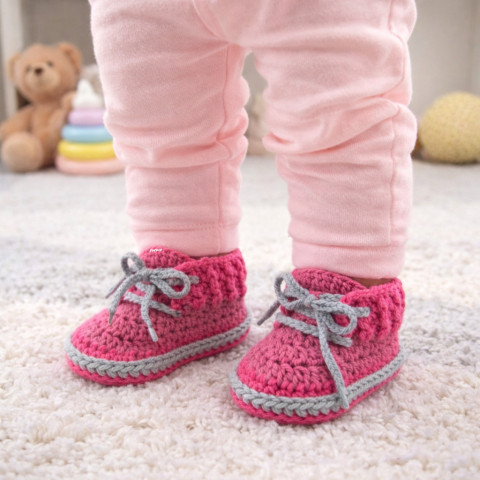Tenisky děti růžová holčička holčičí dívčí šedá miminko háčkované akryl starorůžová tenisky botičky handmade capáčky mimi crochet kecky 