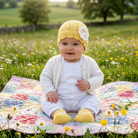 Soupravička děti jarní čepička holčička holčičí bílá žlutá jaro souprava háčkované akryl botičky soupravička unisex mimi 