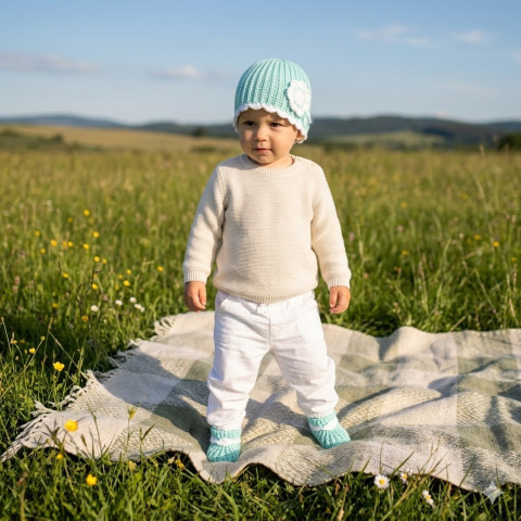 Souprava děti jarní čepička holčička holčičí bílá jaro souprava tyrkysová háčkované akryl botičky soupravička unisex mimi 