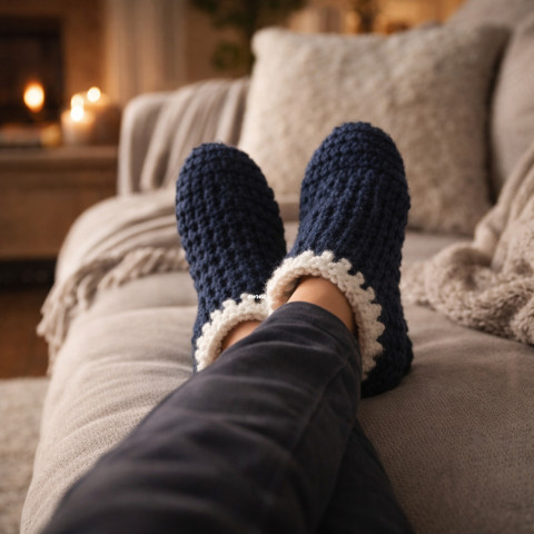 Papuče, bačkory (24 - 26 cm) papuče bílá háčkované hřejivé dámské pružné teplé unisex tmavěmodrá domácí celoroční bačkory pro ženy obuv ťapky 