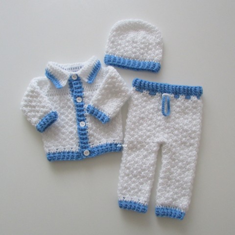 Souprava děti modrá čepička bílá klučičí miminko souprava háčkované akryl kalhoty kluk svetřík kabátek handmade kalhotky mimi ewwa 