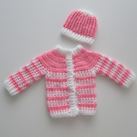 Souprava děti růžová čepice čepička holčička holčičí svetr miminko souprava háčkované svetřík kabátek soupravička celoroční handmade 