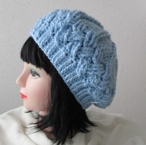 Háčkovaný baret modrá čepice háčkovaný dámský zimní akryl baret teplý světle modrá 
