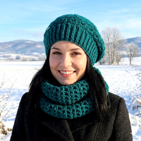 Háčkovaný baret + nákrčník zelená zima čepice háčkování šála souprava zimní háčkované akryl baret nákrčník set tunel crochet 