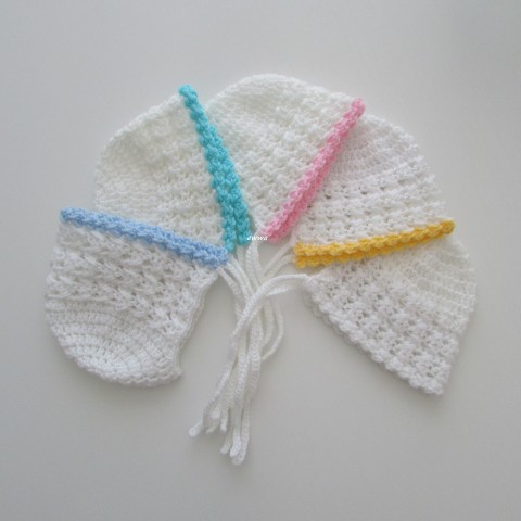 Čepička děti modrá růžová háčkovaná čepička bílá žlutá miminko tyrkysová akryl celoroční novorozenec crochet baby newborn cap bonetka bonett 