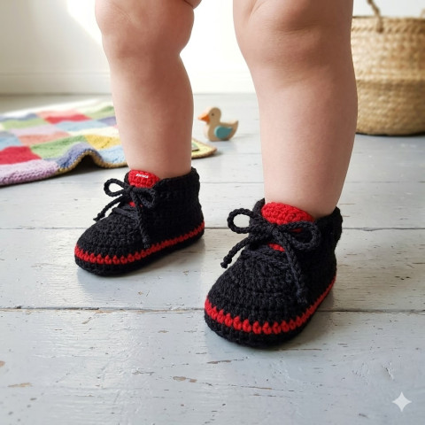 Tenisky červená děti holčičí bavlna černá miminko háčkované tenisky botičky unisex handmade capáčky mimi crochet kecky 
