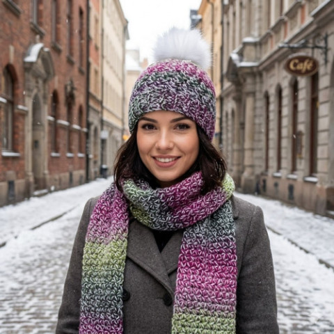 Čepice + šála barevné čepice šála souprava dámská zimní háčkované akryl hřejivé bambule handmade set ewwa 