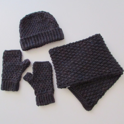 Pánská zimní souprava modrá čepice šála souprava zimní háčkované akryl rezavá hřejivé rukavice unisex pánská handmade set bezprsté ewwa antipilling 