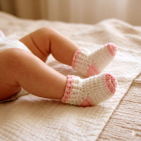 Dětské ponožky (3 - 6 měs.) děti růžová holčička holčičí bílá miminko háčkované ponožky hřejivé celoroční mimi crochet 
