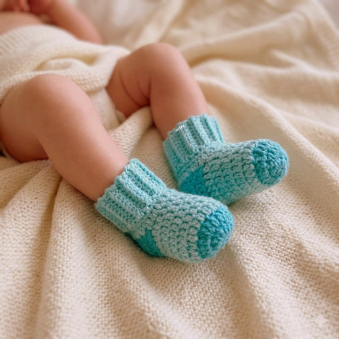 Dětské ponožky (6 - 12 měs.) děti holčičí klučičí miminko háčkované ponožky hřejivé kluk unisex batole celoroční mimi crochet tyrkysová holčička 