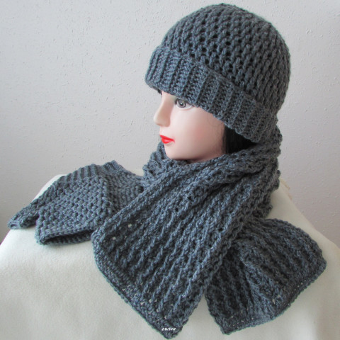 Zimní souprava (i pro pány) modrá čepice šála šedá souprava zimní háčkované akryl hřejivé rukavice unisex pánská handmade set šedomodrá bezprsté ewwa antipilling 