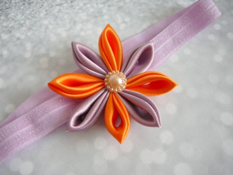 Lila čelenka s květem. originální dárek oranžová čelenka lila fialková pomerančová divči ozdubka pro holčičku 
