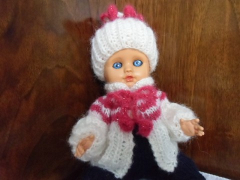 Souprava - Malinová, na panenku čepička svetr pletená souprava 