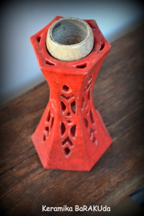 velká aromalampa - raku červená červená keramika svícen vůně aroma bílá lampa aromaterapie aromalampa raku krakle zakuřování 