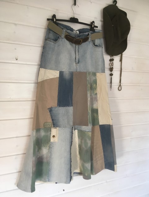 sukně riflová s batik úpletem zima podzim patchwork batika maxi jaro sukně úplet khaki originál dlouhá kombinovaná denim džíny rifle norský vzor sešívaná maskáče kapse roztřepený 