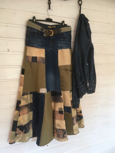 sukně riflová modrá a batika zima podzim patchwork batika maxi jaro sukně úplet khaki originál dlouhá káro kombinovaná denim džíny rifle norský vzor sešívaná maskáče kapse roztřepený 